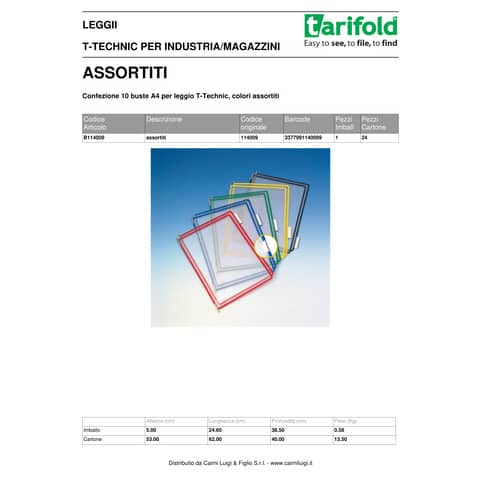 Buste per leggio Tarifold® T-Technic A4 assortiti - PVC bordo rinforzato Conf. 10 pezzi - B114009